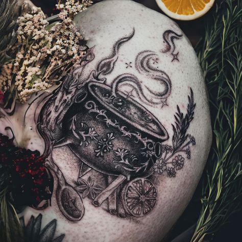 “Kitchen Witch” from my flash, went to the perfect person thanks Rowan! 🍊 🌿 🌟 🥄 Books open June 1st and I will have tons of pre drawn pieces like this one available 🧙🏼‍♀️ #witchtattoo #cauldron #kitchenwitch Witchy Cauldron Tattoo, Witch Tatoos Ideas, Kitchen Witch Tattoo, Cauldron Tattoo Ideas, Cauldron Tattoos, Halloween Leg Sleeve Tattoo, Samhain Tattoo, Witch Tattoo Sleeve, Apothecary Tattoo