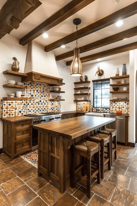 Hacienda Style Kitchen Mexico, Modern Hacienda Kitchen, Mexican House Interior, Mexican Kitchen Design, Spanish Kitchen Design, Hacienda Style Kitchen, Modern Mexican Home, Log Home Interior, Modern Hacienda