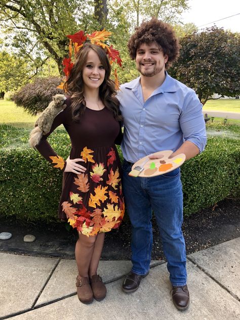 -Bob ross and happy little tree -Peapod the squirrel  -Couples costume  DIY Diy Bob Ross Couple Costume, Bob Ross Halloween Costume Couple, Bob Ross Painting Costume, Bob Ross Couples Halloween Costume, Bob Ross And Tree Costume, Bob Ross And Painting Costume, Bob Ross Happy Tree Costume, Diy Bob Ross Costume, Bob Ross And Happy Tree Costume