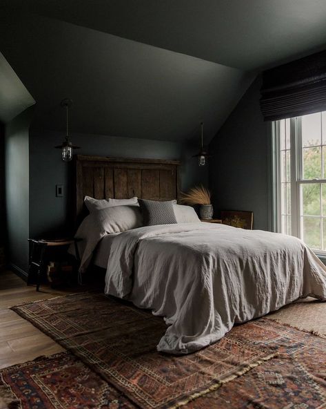 Dark Green Industrial Bedroom, Moody Black Bedroom, Charcoal Bedroom Walls, Moody Romantic Bedroom Paint Colors, Dark Yellow Walls, Bedroom Ideas Dark Colors, Dark Painted Bedrooms, Blue Moody Bedroom, Dark Paint Bedroom