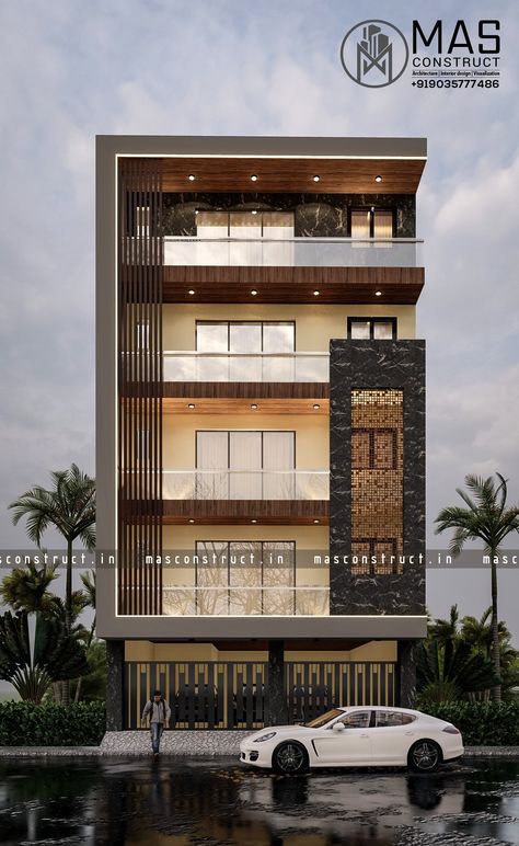 G+4 house modern elevation design idea Four Floor Building Elevation, Front Elevation Designs 4 Floors, G+5 Elevation Design, 5 Floor Building Elevation, Elevation Of Bedroom, 4 Storey House Design, G 4 Front Elevation Design, Exterior Elevation Design Modern, Residential Building Elevation Design