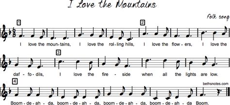 Lyrics I love the mountains, I love the rolling hills, I love the flowers, I love the daffodils, I love the fireside when all the lights are low. Boom-de-ah-da, boom-de-ah-da, boom-de-ah-da, boom-de-ah-da Boom. Links more rounds more songs in 6/8 more songs about nature lesson ideas – Utah schools Song pdf with chords &... Songs About Nature, Music Education Quotes, Kodaly Songs, Music Education Lessons, Lyrics I Love, Middle School Choir, Nature Lessons, Camp Songs, School Songs