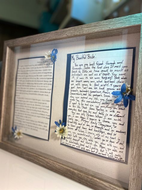 Wedding Vow Memory, Wedding Vow Display Ideas, Framed Vows Ideas, Wedding Vow Preservation, Wedding Vows Keepsake, Shadow Box Ideas Wedding, Wedding Vow Display, Wedding Vow Art Diy, Display Vows