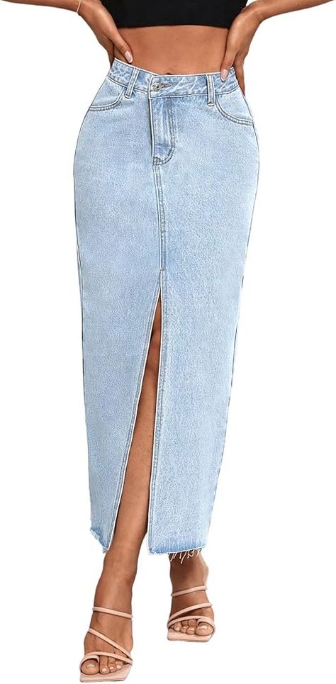 Amazon.com: Women's High Waist Maxi Denim Skirt Front Split Frayed Raw Hem A line Casual Long Jean Skirt Mid Blue XS. : Clothing, Shoes & Jewelry Maxi Jeans Skirt, Maxi Jean Skirt, Maxi Denim Skirt, Long Jean Skirt, Jeans Skirt, Denim Maxi Skirt, Saint Martin, Dream Style, Casual Skirt