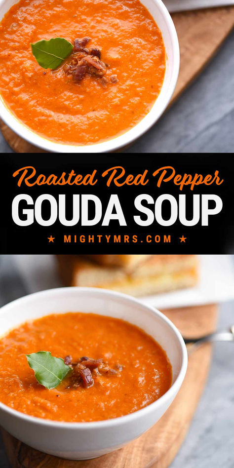 Roasted Red Pepper Gouda Soup Roasted Red Pepper And Gouda Soup Recipe, Roasted Red Pepper Gouda Bisque, Panera Creamy Tomato Soup, Roasted Red Pepper And Smoked Gouda Soup, Roasted Red Pepper And Tomato Soup Easy, Jarred Roasted Red Pepper Recipes, Roasted Red Pepper Gouda Soup, Roasted Red Pepper And Gouda Soup, Roasted Soup Recipes