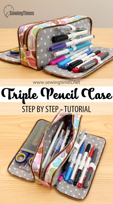 DIY Triple Zipper Pencil Case | Large capacity stationery pouch Tutorial [sewingtimes] Pencil Bag Sewing Pattern, Sewing Times, Pencil Pouch Pattern, Pencil Case Sewing, Pencil Case Pattern, Stationery Pouch, Diy Pencil Case, Lanyard Wallet, Zipper Pencil Case