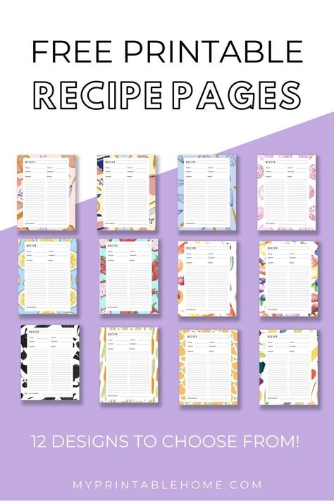 These Printable Recipe Planner Pages give you the perfect place to write down those favourite recipes so you can keep them for future reference, or for you to pass on to others. With 12 different designs to choose from they give you the perfect place to record everything you need to make your perfect dish. Recipe Pages | Recipe Planner | Recipe Binder | Cooking Binder | Baking Binder | Printable Binder | Printable Planner Recipe Blank Printable, Recipe Cards Printable Free Templates, Free Printable Recipe Pages, Recipe Binder Printables Free, Recipe Templates Free, Recipe Printables, Recipe Binder Cover, Recipe Binder Template, Recipe Binder Printables