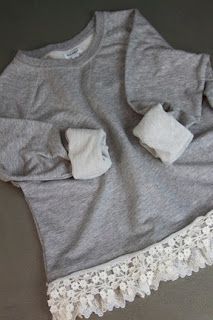 nice idea for making a boring mens sweatshirt unique and cute.  Show Me Cute: No Sew Lace Sweatshirt Sewing Clothes Refashion, Gamle T Shirts, Sweatshirt Diy, Sweatshirt Refashion, Upcycle Sweatshirt, Pieces Of Clothing, Lace Sweatshirt, Diy Vetement, Diy Sweatshirt