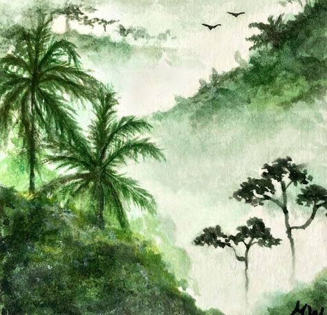 Rainforest Trees Drawing, Jungle Trees Drawing, Tropical Watercolor Art, Rainforest Background Drawing, Easy Rainforest Drawing, Green Watercolor Art, Tropical Trees Drawing, Jungle Watercolor Painting, Jungle Painting Easy