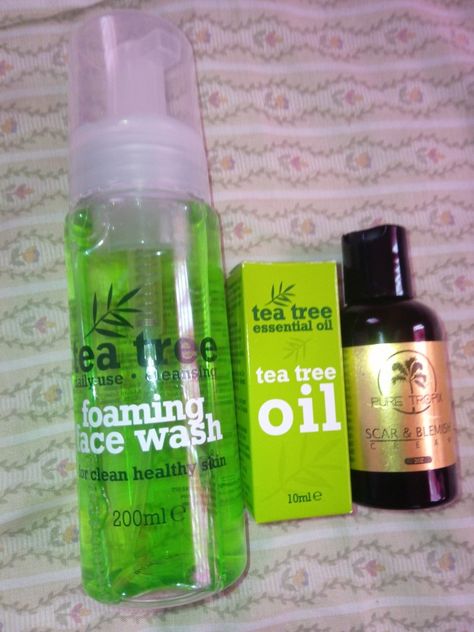 Products: tea tree foaming face wash, tea tree essential oil and puretropix scar & blemish cream Good Skincare Brands, Tea Tree Facial Scrub, Tea Tree Oil Face Wash, Tea Tree Scrub, Tea Tree Cleanser, Tee Tree Oil, Tea Tree Face Wash, Tea Tree Oil Face, My Skin Care Routine