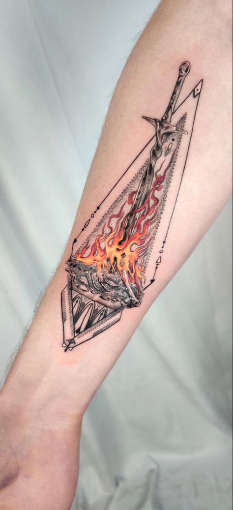 Dark Souls Bonfire Tattoo, Bonfire Tattoo, Dark Souls Bonfire, Dark Souls Tattoo, Dark Meaning, Tato Tradisional, Adventure Tattoo, Soul Tattoo, 3 Tattoo