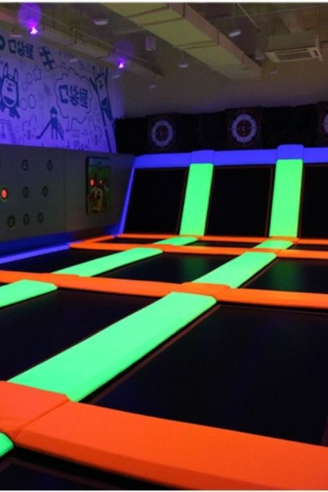 #Glowtrampoline, also known as fluorescent trampoline, is making the trampoline park glow in the dark, which looks pretty cool. When you're planning your trampoline park, you can make some part to be fluorescent, for example, glow-in-the-dark dodgeball area or glow free jump zone. Glow party in trampoline park would be very popular, turn off the light, trampoline glows, FUN for all ages!! #Liben Trampoline Park Party, Trampoline Park Birthday Party, Jump Park, Children's Playground Equipment, Trampoline Room, Trampoline Party, Trampoline Parks, Jump Party, Glow Birthday Party