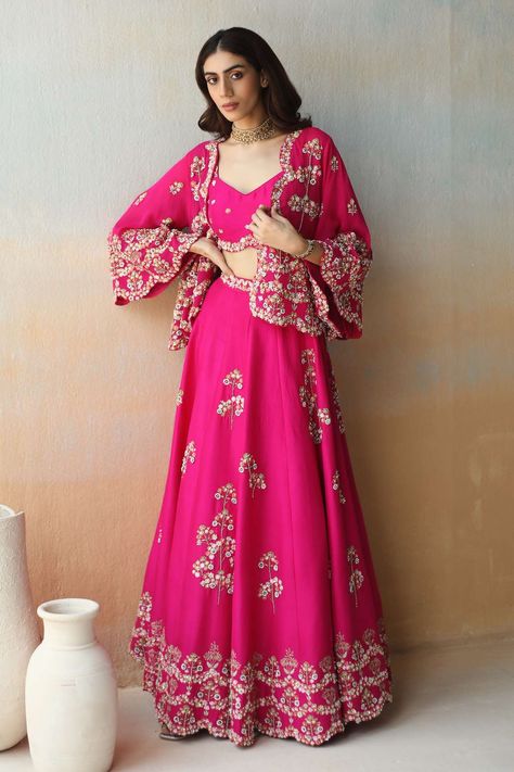 Buy Aman Takyar Pink Dupion Silk Embroidered Cape Lehenga Set Online | Aza Fashions Floral Traditional Dresses, Pink Lehenga Blouse Designs, Lehenga With Coat, Pink Lehenga Look, Pink Lehenga Designs, Lahenga Ideas, Floral Thread Embroidery, Lehenga Pink, Silk Cape