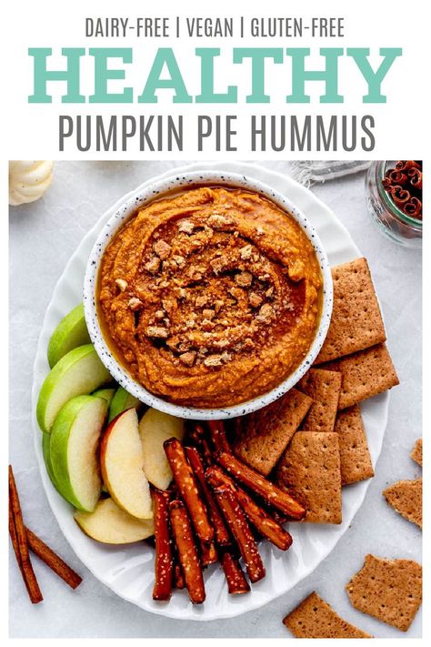 This creamy pumpkin pie hummus is a delicious way to get your pumpkin pie fix and is the perfect pumpkin dip for apples, ginger snaps and more! Infused with warm flavours of pumpkin pie spice and cinnamon, this sweet pumpkin hummus recipe can be made in less than 10 minutes for a healthy snack or dessert! {Gluten-free, dairy-free, & vegan} Vegan Pumpkin Recipes Desserts, Dessert Hummus Healthy, Pumpkin Pie Hummus, Dip For Apples, Pumpkin Hummus Recipe, Healthy Pumpkin Dessert, Creamy Pumpkin Pie, Dessert Hummus, Healthy Pumpkin Pies