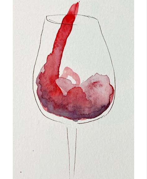 Simplistic Watercolor Paintings, Wine Glass Watercolor Painting, Red Wine Watercolor, Glass Of Wine Watercolor, Watercolor Inspo Simple, Watercolour Beginner Ideas, Watercolour Art Beginners, Funky Watercolor Art, Easy Watercolour Ideas