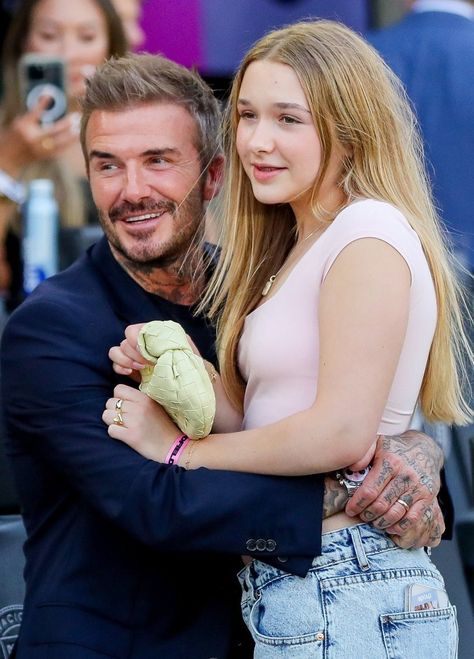 David Beckham  and daughter Harper David Beckham Daughter, David Beckham Family, Harper Beckham, Bottega Veneta Jodie, Inter Miami, Fort Lauderdale Florida, Yellow Handbag, Navy Blue Suit, 90s Outfit