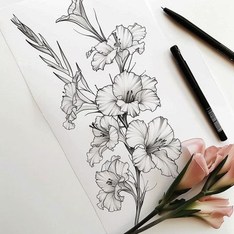 Fantastical Gladiolus Tattoo Outlines Poppy Half Sleeve Tattoo, August Birth Flower Drawing, Daffodil Drawing Tattoo Ideas, Poppy And Gladiolus Tattoo, Gladiolus And Poppy Tattoo, Gladiolus Tattoo Design, Gladiolus Flower Drawing, Gladiolas Tattoo, Tropical Leaves Tattoo