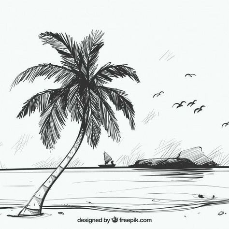 Palm Tree Sketch, Beach Sketch, Beach Sketches, Palm Tree Drawing, Sketch Background, Beach Drawing, Tree Sketches, Palm Trees Beach, Black And White Art Drawing