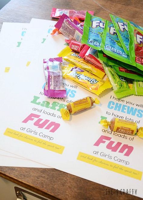 Girls Camp Treat Handouts with candy and Free Printable Pillow Treats, Lds Girls Camp, Candy Quotes, Fun Dip, Laffy Taffy, Treat Toppers, Camping Kit, Lds Young Women, Personal Progress