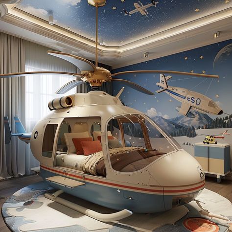 High-Flying Dreams: Helicopter Themed Beds - Aviation Room, Bold Bedroom, Sky Adventure, Night Flight, Clouds Pattern, Themed Room, Adventure Story, Boys Bedrooms, Room Themes