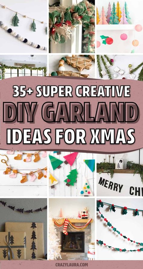 If you’re looking for creative ways to make your own holiday decorations this year, check out these DIY Christmas garland ideas and crafts for inspiration to get started! Christmas Garland Alternatives, Christmas Card Garland Diy, Craft Garland Ideas, Christmas Light Garland Diy, Simple Christmas Tree Garland, Christmas Fabric Garland Ideas, Garland Crafts Christmas, Cricut Garland Ideas, Garlands Christmas Diy