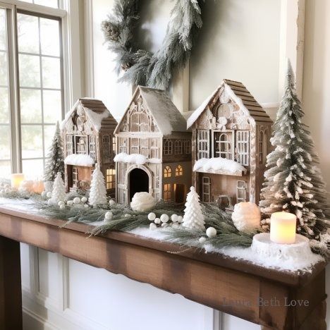 Dishfunctional Designs: Beautiful Christmas Mantle Ideas & Inspiration Gingerbread House Mantle, Gingerbread Mantle, Christmas Village Mantle, Christmas Mantle Ideas, Christmas Mantles, Homemade Gingerbread House, Homemade Gingerbread, Mantle Ideas, Gingerbread House Designs