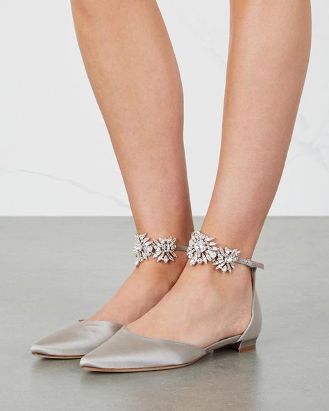 MANOLO BLAHNIK Sicaria crystal-embellished satin flats - Shoes Post Grey Wedding Shoes, Champagne Wedding Shoes, Best Bridal Shoes, Strap Flats, Wedding Boots, Manolo Blahnik Heels, Grey Wedding, Wedding Shoes Flats, Rhinestone Flats