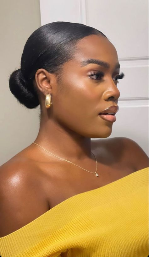 Minimalist Hairstyles For Black Women, Sleek Back Bun Black Women, Hairstyles For Relaxed Hair Black Women Simple, Sleek Bun 4c Hair, Slick Back Wet Hair Look Black Women, Slicked Back Ponytail 4c, Slick Back Afro Puff, Classy Hairstyles For Black Women, Gold Hoops Slick Bun