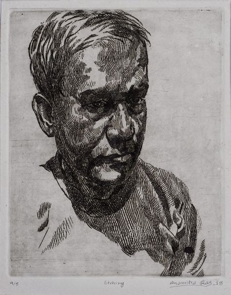 Size - 9.5*13 inches, medium - etching on aluminium plate. Artist - Anamitra Das.  #art #print #printmaking #etching #portrait #study Etching Artists, Etching Portrait, Etching Inspiration, Drypoint Printmaking, Printmaking Etching, Order Disorder, Etching Printmaking, Etching Art, Leaving Cert