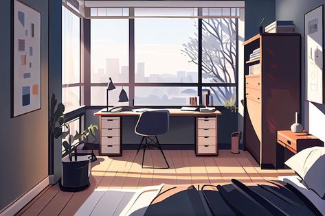 Anime home office with a large window ge... | Premium Photo #Freepik #photo #office-interior #modern-office #office-design #room-window Anime Window, Anime Interior, Office Anime, Anime Office, Wide Background, Mediterranean Furniture, Southwestern Furniture, Tuscan Furniture, Dome City