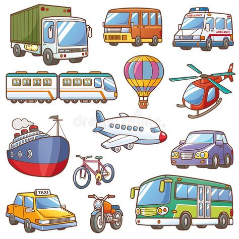 Transportation vector illustration Cartoon Transportation, Diy Sensory Toys, Transport Illustration, Transportation Preschool, Kids Literacy, Transportation Theme, Flashcards For Kids, Kids Corner, Math Resources