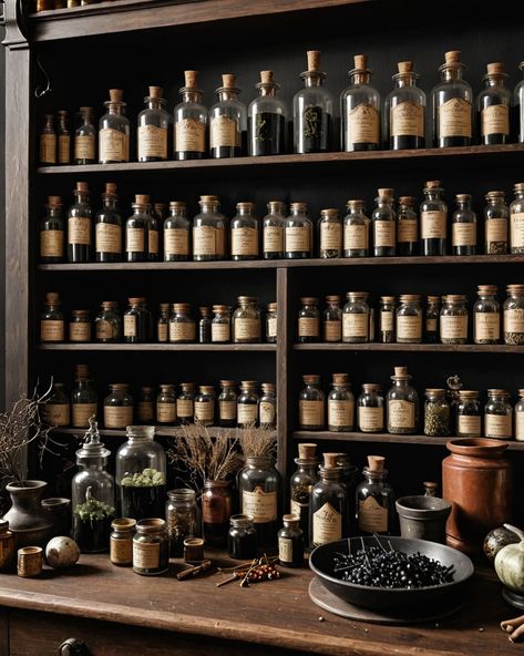 Forgotten Home Apothecary, Herb Collection Aesthetic, Apothecary Room Decor, Apothecary Spice Jars, Witchy Apothecary Aesthetic, Witchy Home Library, Curio Shop Aesthetic, Witch Aesthetic Bathroom, Potion Room Aesthetic