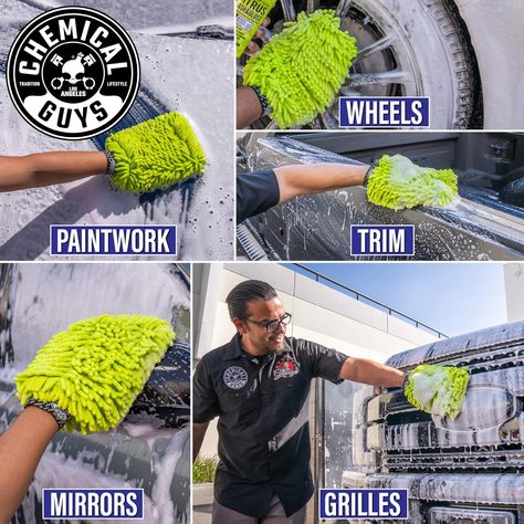 GENTLE ON PAINT, TOUGH ON DIRT
The Chenille Car Wash Mitt, made with premium 
70/30 blended microfiber, offers extra-soft, scratch-less cleaning and wiping. Each fiber traps and holds abrasive dirt deep within its pile, ensuring your car’s paint stays pristine. 

EXTRA PLUSH
Believe any mitt will do? This mitt is extra plush, holding tons of clean water and soap to drench your car in thick foaming suds for the ultimate scratch and swirl-free washing experience. Why settle for less? Car Wash Mitt, Car Wash Soap, Chemical Guys, Vehicle Cleaning, Kitchen Models, Microfiber Towel, Clean Water, Car Wash, Lime Green