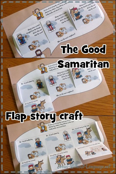 Lift+flap+story+-+Good+Samaritan+paper+craft+#Jesuswithoutlanguage+#kidmin+#samaritan+#sundayschool Good Samaratin Craft For Kids, Good Samaritan Craft For Kids, Good Samaritan Craft Preschool, Good Samaritan Craft Sunday School, The Good Samaritan Activities Crafts, Good Samaritan Craft Free Printable, Good Samaritan Object Lesson, The Good Samaritan Activities, The Good Samaritan Lesson For Preschool