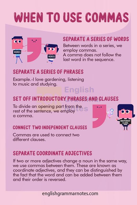 Comma | All About Commas In The English language – English Grammar Notes Where To Put Commas, Teaching Commas, When To Use Commas, Coordinate Adjectives, Why Learn Spanish, Comma Rules, Literature Notes, English Literature Notes, Grammar Notes