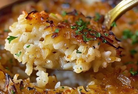 French Onion Soup Rice Recipe, French Onion Soup Rice, Onion Soup Rice, Crab Feed, Meat Church, Onion Rice, Classic French Onion Soup, Soup Rice, Grandma's Recipes