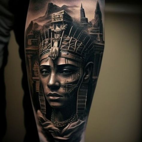 black and grey ANCIENT EGYPT THEME tattoo 3 Ancient Tattoo Designs, Eygptain Tattoos Design, Egypt Tattoo Ideas, Ancient Egyptian Tattoo, Ancient Egypt Tattoo, Pharoah Tattoo, Choice Tattoo, Geometric Tattoo Neck, Pharaoh Tattoo