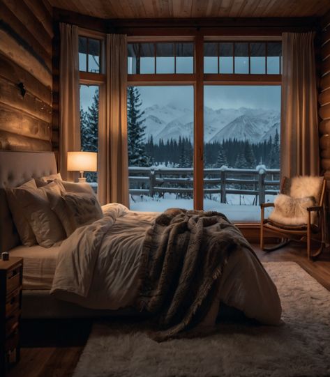 Winter season in Alaska in a wooden cabin with a king-sized bed. Alaskan Bedroom, Alaska King Bed, Alaska Cabin Aesthetic, Cozy Winter Cabin Interior, Winter Cabin Interior, Alaskan King Bed, Cabin In Alaska, Winter Cabin Mansion, Alaska Cabin