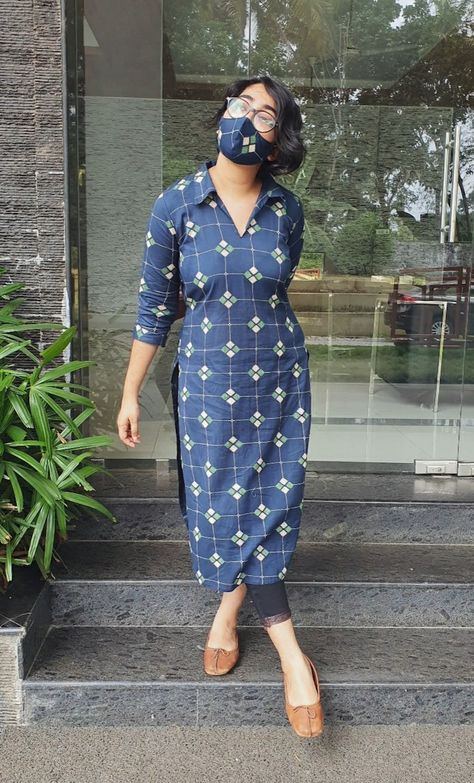 Collar Neck Salwar Design, Kurta With Collar Women, Collared Kurti Designs, Indigo Shirt Women, Collar Suits Women Indian, Kurta Collar Designs Women, Double Collar Kurti Design, Collar Designs For Kurtis, Kurti Collar Design