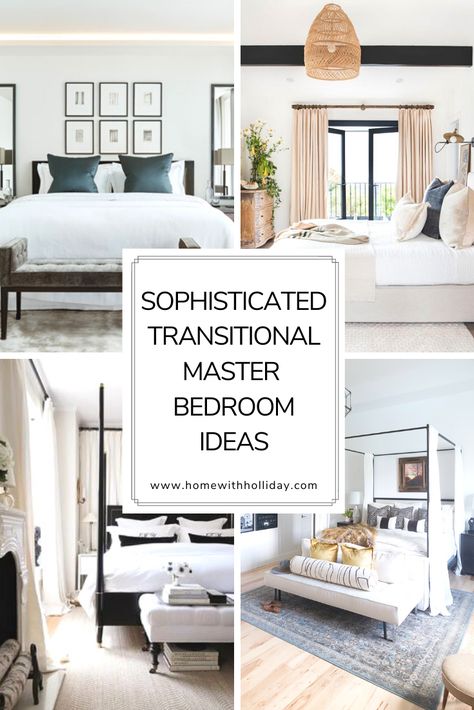 10 Sophisticated Transitional Master Bedroom Ideas. Create your perfect master bedroom with these design tips. Are you looking for more home design tips or home inspiration? Check out our Website: TheGulaHome.com or Pinterest: @TheGulaHome for more! #homedecor #homeinspiration bedroom ideas, bedroom interior design, bedroom goals, how to style a bedroom #bedroomgoals Master Primary Bedroom Decor, Primary Bedroom Ideas Modern Farmhouse, Master Bedrooms Renovations, Primary Bedroom Ideas Transitional, Master Bath Transitional Style, Serene Master Bedrooms, Serene Primary Bedroom, Transitional Interior Design Style Bathroom, Primary Bedroom Transitional