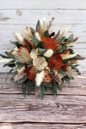 Rust, Terra Cotta, and Pampas Bouquet – Teton Wood Blooms Terra Cotta Wedding, Pampas Bouquet, Wood Roses, Fall Wedding Color Schemes, Rusting Wedding, Fall Barn Wedding, Wood Flower Bouquet, Green Centerpieces, Bridal Bouquet Fall