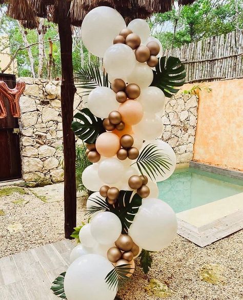 Baloon Decoration For Pool Party, Tropical Theme 40th Birthday Party, Balloon Arch With Palm Leaves, Tiki Balloon Garland, Tropical Engagement Party Ideas, Palm Tree Party Decorations, Hawaiian Bridal Shower Ideas Decor, Island Theme Baby Shower Ideas, Bridal Shower Tropical Theme