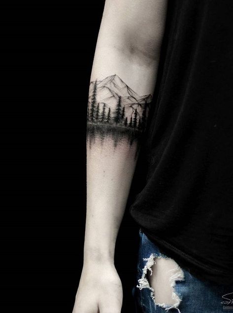 Not only large and bright cities are unforgettable, much more memorable memories provide nature, mountains or the sea. Forest Tattoo, Tatuagem Masculina Pequena, Landscape Tattoo, Forest Tattoos, Cat Tattoos, Disney Tattoo, Arm Band Tattoo, Tiny Tattoo, Star Wars Tattoo