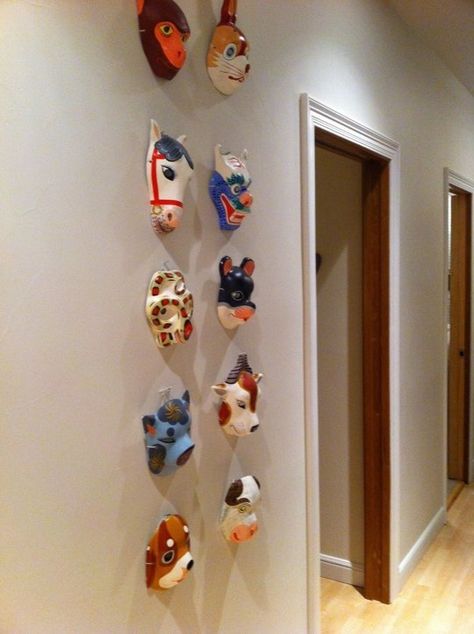 Good Face Masks, Clay Mask Art, Ceramic Wall Art Sculpture, Space Hallway, Fav Animal, Good Face, Kids Masks, Wall Art Display, Mask Wall