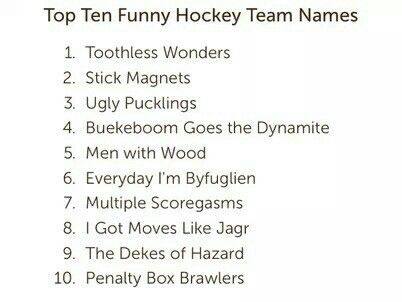 Hockey team funny names Hockey Team Names, Hockey Rules, Hockey Boards, Ice Girls, Hockey Season, Pretty Little Liars Fashion, Hockey Humor, Funny Names, Hockey Games