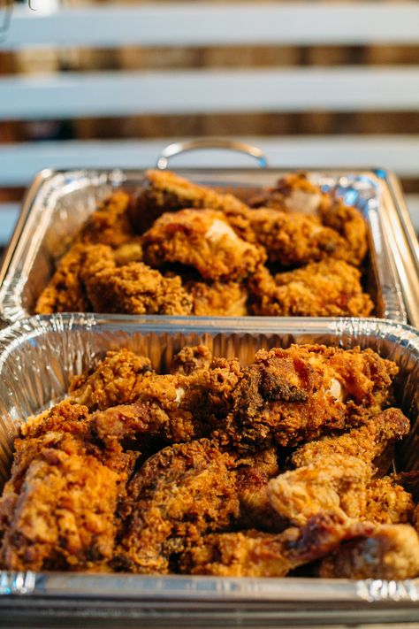 Fried Chicken Catering, Fried Chicken Party Display, Fried Chicken Wedding Reception, Chicken Tenders Wedding Reception, Fried Chicken Wedding, Fried Chicken Buffet, Chicken Wing Party, Enchanted Prom, Dinner Wedding Reception