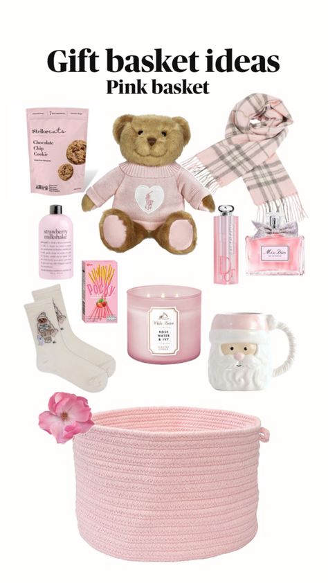 gift basket inspo , what to gift , birthday , Christmas , pink gift basket , presents , gift presentation , baskets , for friend Pink Gift Basket, The Best Aesthetic, Girly Christmas Gifts, Best Aesthetic, Girly Christmas, Christmas Ideas Gifts, Pink Basket, Birthday Basket, Nephew Gifts