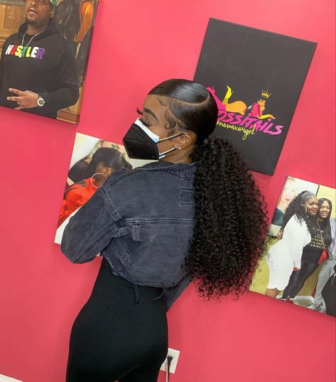 Ponytail Hairstyles For Black Women Weave Curly, Jerry Curl Ponytail Weave, Side Part Curly Ponytail Weave, Deep Wave Ponytail Weave, Long Curly Ponytail Black Women, Bun Heatless Curls, Curly Ponytail Black Women, Curly Ponytail Weave, Packing Gel