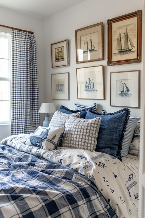 Blue English Country Bedroom, Nautical Aesthetic Bedroom, Coastal Americana Decor, Nantucket Bedroom Style, Nantucket Style Bedroom, Blue Cottage Core Bedroom, All Blue Bedroom, Hamptons Style Decor Bedroom, East Coast Bedroom