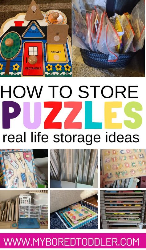 Are you wondering how to store puzzles so you don't lose the pieces? These puzzle storage tips are simple (and easy too!) Floor Puzzle Storage, Book And Puzzle Storage, Puzzle Storage Ideas Organizing, Board Puzzle Storage, Montessori Storage Ideas, Diy Puzzle Storage, Playroom Puzzle Storage, Wood Puzzle Storage, Puzzle Storage Kids